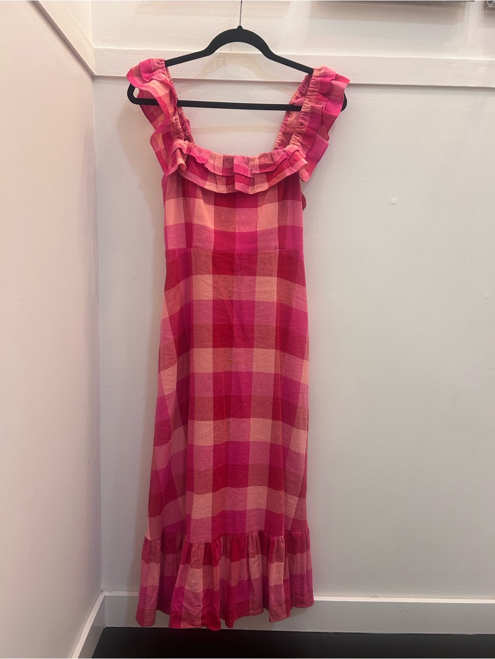 Kate Spade Ruffle-Trim Pink Plaid Midi Dress - Linen and Viscose with POCKETS - Picture 2 of 7